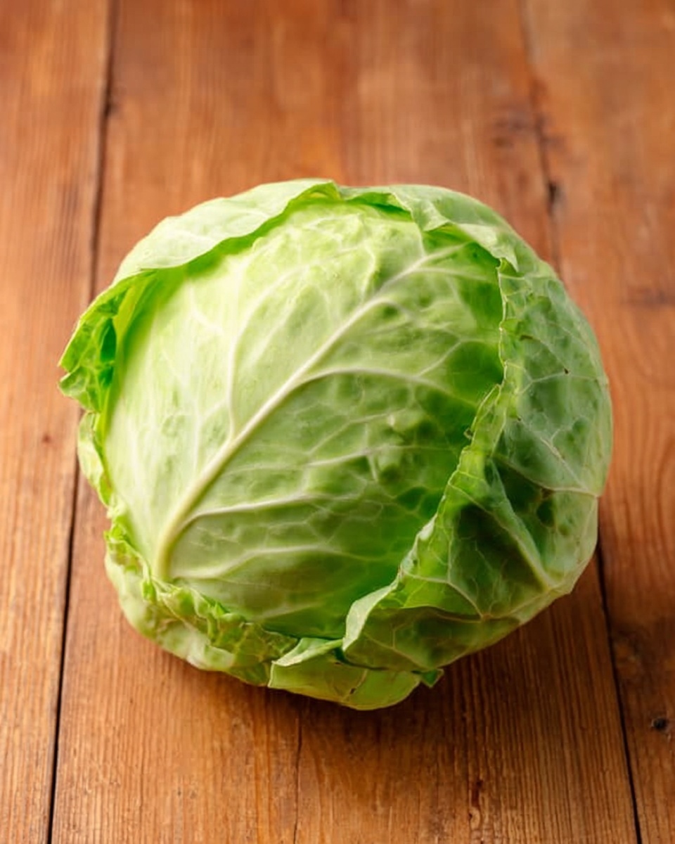 A whole round cabbage with light green leaves forms a compact ball shape. The outer leaves show gentle folds and slight variations in green shades, from pale to fresh medium green. It sits on a wooden surface with natural wood grain patterns, warm in color and smooth texture. The cabbage's texture looks crisp and fresh, with some layers slightly peeling outward around the top. Photo taken with an iphone --ar 4:5 --v 7