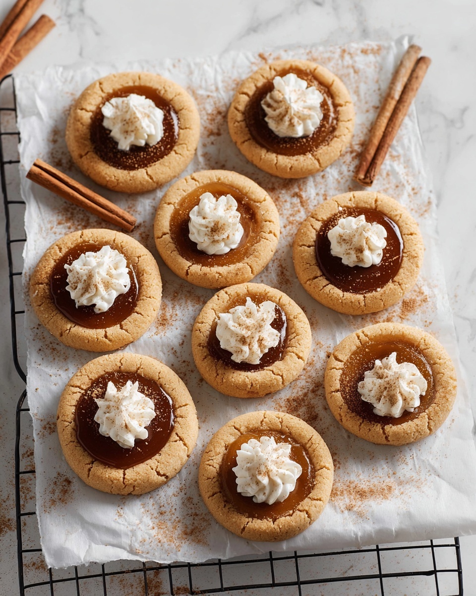 A group of nine round cookies sits on white baking paper over a black wire cooling rack, placed on a white marbled surface; each cookie has a light tan, slightly cracked outer layer forming a thick edge, with a smooth, dark brown circular center filling the middle, and a small dollop of white whipped cream on top of the center, some sprinkled lightly with cinnamon powder; there are two small cinnamon sticks placed on the paper near the cookies; the overall look is warm and cozy, with crumbs and a bit of cinnamon powder scattered around photo taken with an iphone --ar 4:5 --v 7