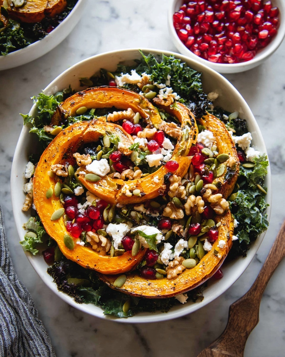 The dish is shown in a white bowl filled with dark green kale leaves forming the bottom layer. On top, there are several curved slices of roasted orange pumpkin arranged in a circular, spiral shape. Scattered across the dish are bright red pomegranate seeds, light brown walnuts, and green pumpkin seeds adding texture and color contrast. Small white crumbles of cheese are dotted throughout, blending with the other ingredients. Everything is shiny from a light dressing that makes the salad look fresh and appetizing, placed on a white marbled surface. Photo taken with an iphone --ar 4:5 --v 7