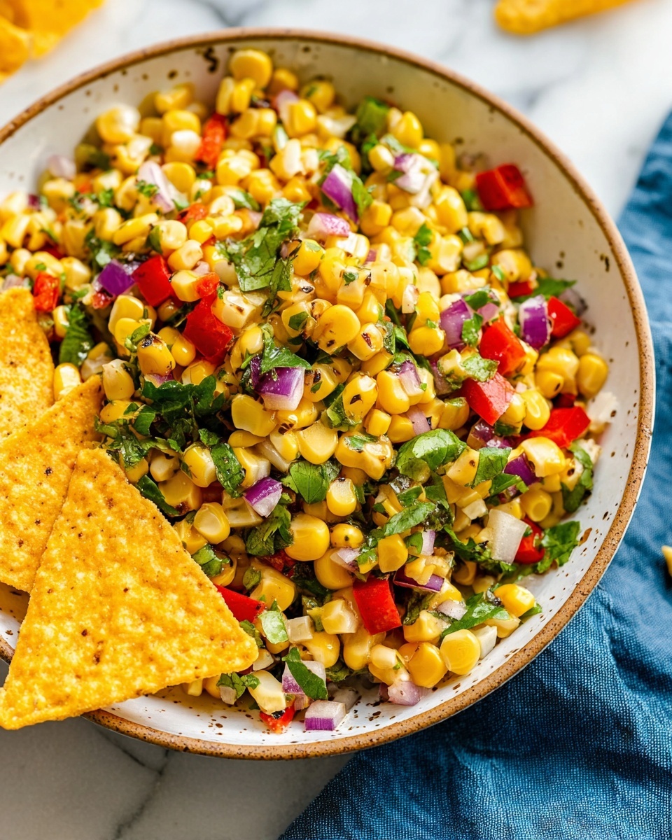 A close-up view of a bowl filled with fresh corn salad, showing bright yellow corn kernels mixed with small chopped pieces of red bell pepper, purple onion, and green herbs scattered throughout. The bowl is white with a speckled brown rim and rests on a blue cloth on a white marbled surface. A single triangular yellow tortilla chip is partially stuck into the salad at the left side of the bowl. The colors are vibrant, and the textures vary from smooth corn kernels to crisp vegetables. Photo taken with an iphone --ar 4:5 --v 7