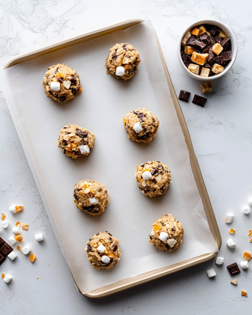 The image shows eight small cookie dough balls placed evenly on a parchment paper-lined white baking tray. Each dough ball is light brown with visible chunks of dark chocolate, orange candy pieces, and white mini marshmallows mixed in, creating a rough texture and a mix of colors. To the upper right of the tray is a small white bowl holding more dark chocolate chunks and orange candy bits. The background is a white marbled surface with some scattered chocolate and candy pieces nearby. photo taken with an iphone --ar 4:5 --v 7