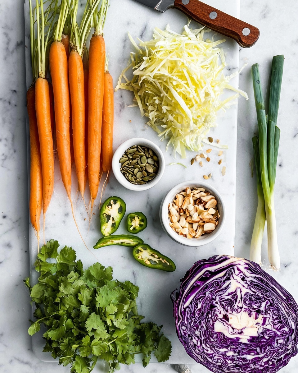 The image shows a white marbled board with different fresh vegetables and seeds neatly placed on it. On the left side, there are five bright orange carrots with green tops. Above the carrots, there is a pile of thin, pale yellow strips that look like shredded cabbage. To the right of these strips, there is a knife with a wooden handle lying flat. Near the knife and shredded strips, there are two small white bowls, one filled with green pumpkin seeds and the other with chopped almonds. Below the pumpkin seeds, two halves of a green chili pepper with visible seeds are placed. A large half of purple cabbage with white veins is in the middle bottom area. Near the bottom right corner, there is a bunch of fresh green cilantro, and at the top right, there are three green onions with their roots attached. The whole scene is set against a white marbled surface. photo taken with an iphone --ar 4:5 --v 7