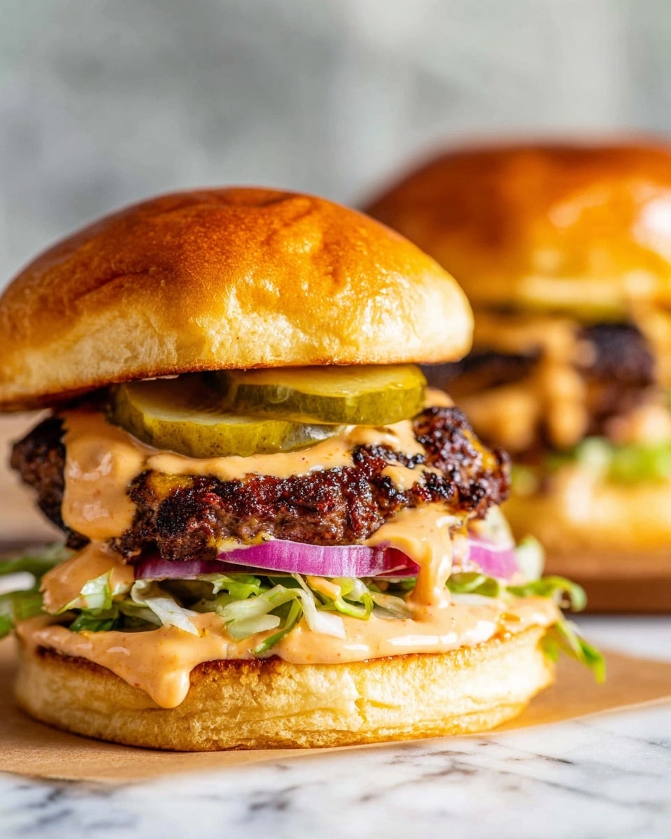 A close-up view of a cheeseburger stacked with layers on a white marbled surface, featuring a soft sesame seed bun on top with black and white sesame seeds scattered; below it are two thick, juicy beef patties with melted bright yellow cheese oozing and dripping down the sides, topped with two slices of fresh red tomato sprinkled with black pepper, and green leafy lettuce sits beneath the patties, while the bottom bun holds a creamy orange sauce cascading down the edge; the background shows blurred glasses and a bottle. photo taken with an iphone --ar 4:5 --v 7