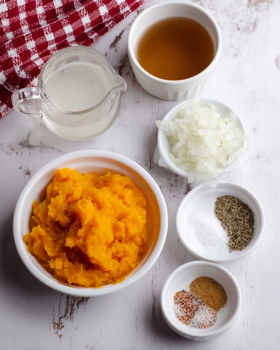 The image shows several small white bowls and a white plate arranged on a white marbled surface. In the front, there is a white bowl filled with bright orange mashed pumpkin with a smooth texture. Behind it to the right, a large white plate holds three sections: finely chopped white onions, and two small white bowls with different spices – one with a mix of colored spices and the other with salt and black pepper. To the left, there is a small white bowl with a clear liquid and a small glass pitcher with a white creamy liquid. At the back, a larger white bowl contains a brown broth-like liquid. A red and white checkered cloth is partly visible on the upper left corner. photo taken with an iphone --ar 4:5 --v 7