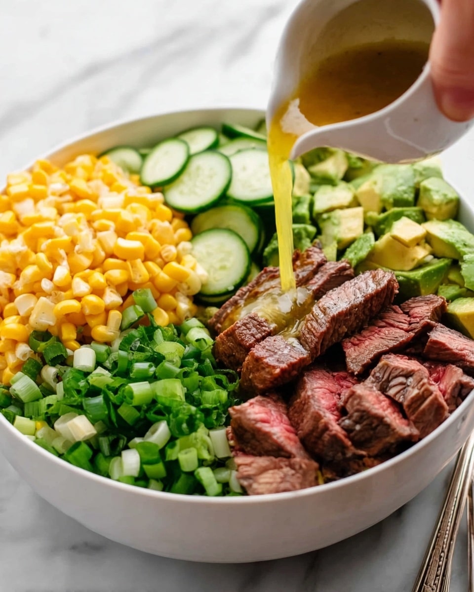 A white bowl contains a colorful salad with five main layers arranged side by side: bright yellow corn kernels on the left, sliced cucumber with light green skin and darker green ends below it, chopped green onions next to the cucumber, tender pinkish-brown steak pieces with a seared texture above the green onions, and chunky green avocado pieces beside the steak. A woman's hand is pouring a golden-yellow dressing over the steak. The bowl is on a white marbled surface with a silver fork nearby. Photo taken with an iphone --ar 4:5 --v 7