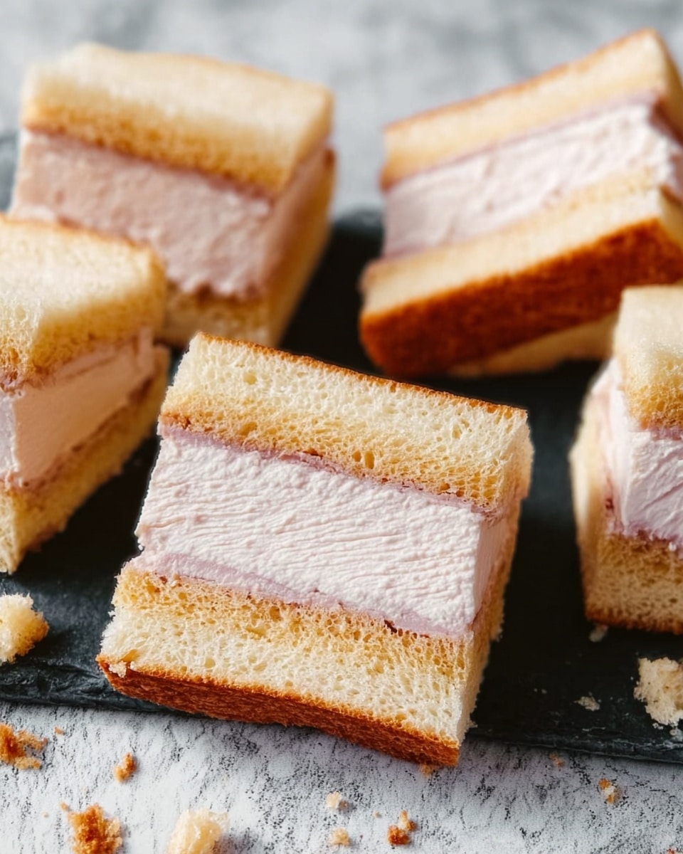 The image shows several small sandwiches arranged on a dark board. Each sandwich has three layers: the top and bottom are slices of light golden brown toasted bread with a soft texture, while the middle layer is a thick slice of smooth, pale pink filling with a slightly rippled surface. The sandwiches are neatly cut into small rectangular shapes, and some crumbs are scattered around. The background is a white marbled texture. photo taken with an iphone --ar 4:5 --v 7