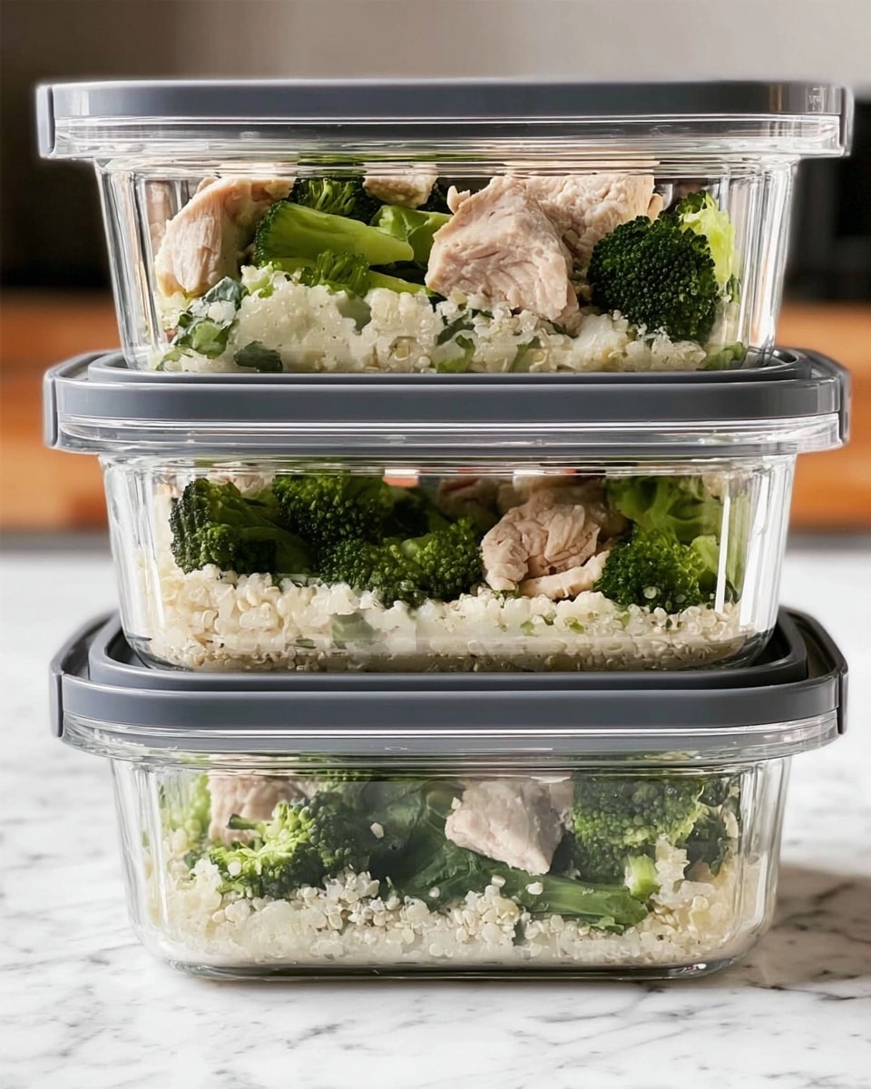 The image shows a stack of three clear glass meal prep containers with dark gray lids, placed on a white marbled surface. Each container has three visible layers: the bottom layer is a light beige grain, the middle layer contains pieces of white chicken meat, and the top layer is filled with green vegetables, including broccoli and spinach. The containers are neatly stacked, showing each layer clearly through the transparent glass. Photo taken with an iphone --ar 4:5 --v 7