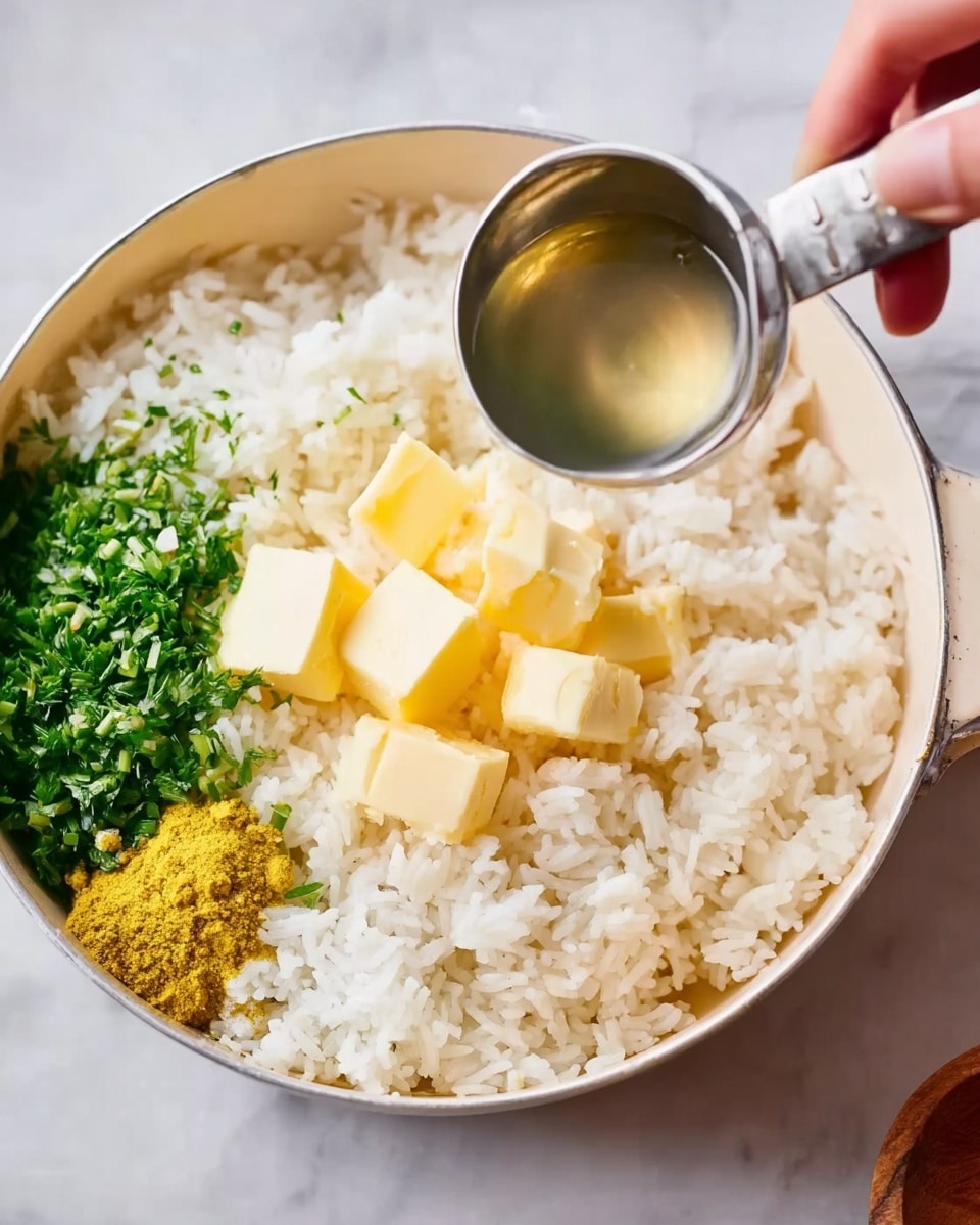 A white bowl sits on a white marbled surface filled with cooked white rice, with several small yellow butter cubes placed on top. To one side of the rice, there are finely chopped green herbs, and next to them is a bright yellow condiment, possibly mustard or a spice powder. A woman's hand holds a silver measuring spoon filled with a clear liquid above the bowl, ready to pour it in. The colors are soft and natural, showing freshness and simple ingredients. photo taken with an iphone --ar 4:5 --v 7