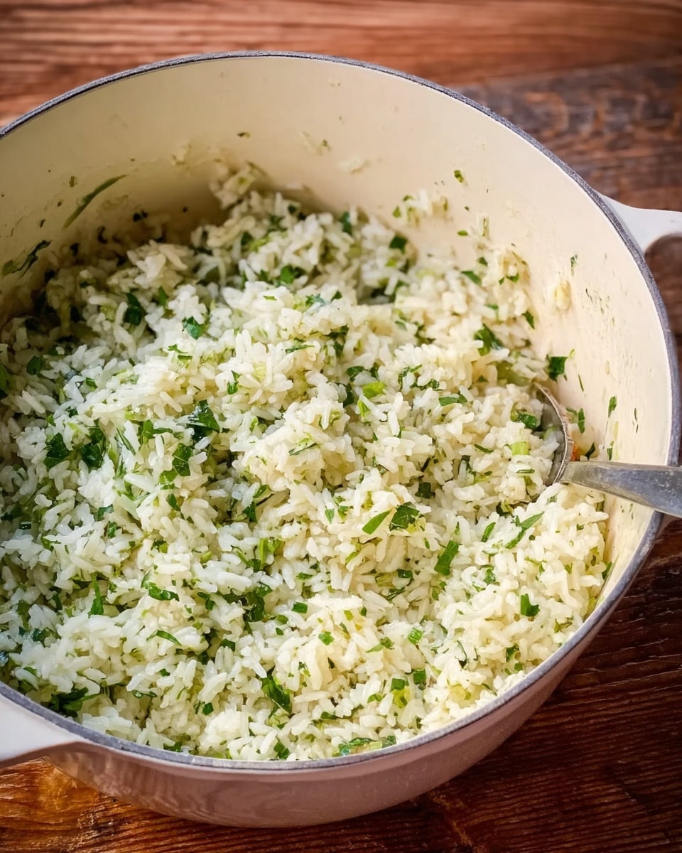 The image shows a large white cooking pot filled with cooked rice mixed with finely chopped green herbs. The rice looks soft and fluffy with small bits of green herbs spread evenly throughout. A silver spoon is partially visible inside the pot on the right side. The pot rests on a wooden surface, and the background is blurred brownish wood. photo taken with an iphone --ar 4:5 --v 7