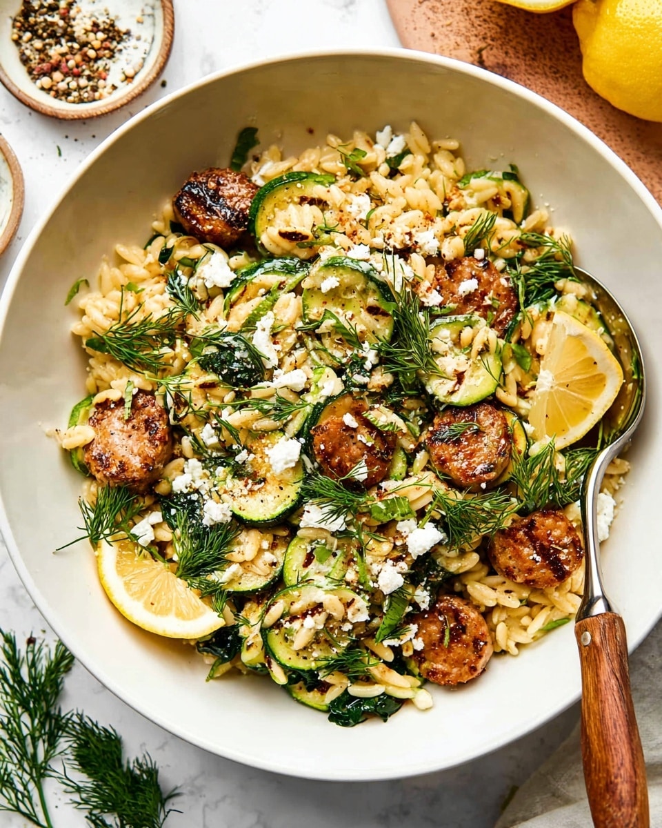 A white bowl filled with a colorful dish shows three main layers: the bottom layer is yellowish pasta shaped like small rice grains mixed with green spinach leaves, the middle layer has round, browned sausage pieces and grilled green zucchini slices, and the top layer is sprinkled with white crumbled cheese and fresh green dill sprigs. Two thin lemon wedges rest on one side adding bright yellow color, a silver spoon with a wooden handle is placed inside the bowl, all set on a white marbled surface with some scattered pepper and small green herbs around. Photo taken with an iphone --ar 4:5 --v 7