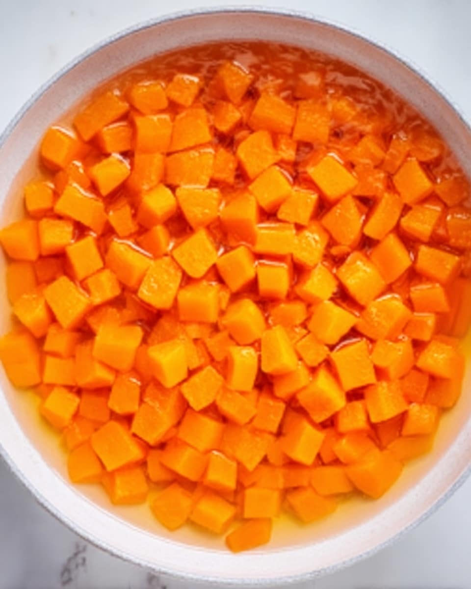 The image shows a white bowl filled with many small orange cubes, all uniformly cut and floating in clear water. The cubes have smooth edges and a bright, fresh appearance, tightly packed and covering the bowl's surface. The bowl sits on a white marbled surface, and the lighting highlights the vibrant orange color of the cubes inside the bowl. photo taken with an iphone --ar 4:5 --v 7
