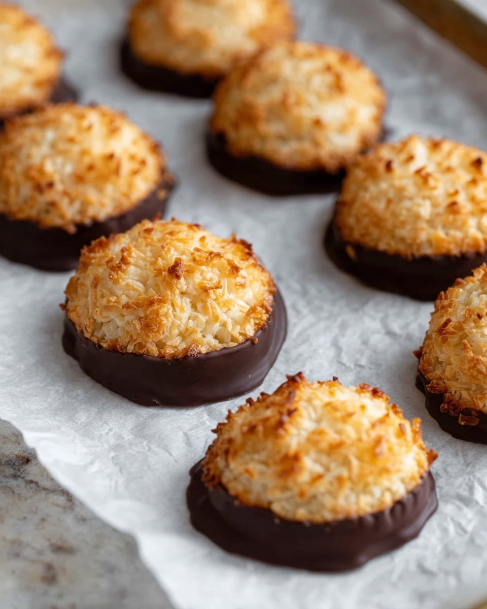 This image shows round cookies with two layers. The top layer is golden brown and looks crispy with a rough texture like toasted coconut. The bottom layer is dark brown, smooth, and shiny like melted chocolate, covering the base of each cookie evenly. The cookies are on white parchment paper with a crinkled texture, placed on a baking tray with a slight silver shine, all set on a white marbled surface. The angle is close, showing the cookies in sharp focus. photo taken with an iphone --ar 4:5 --v 7