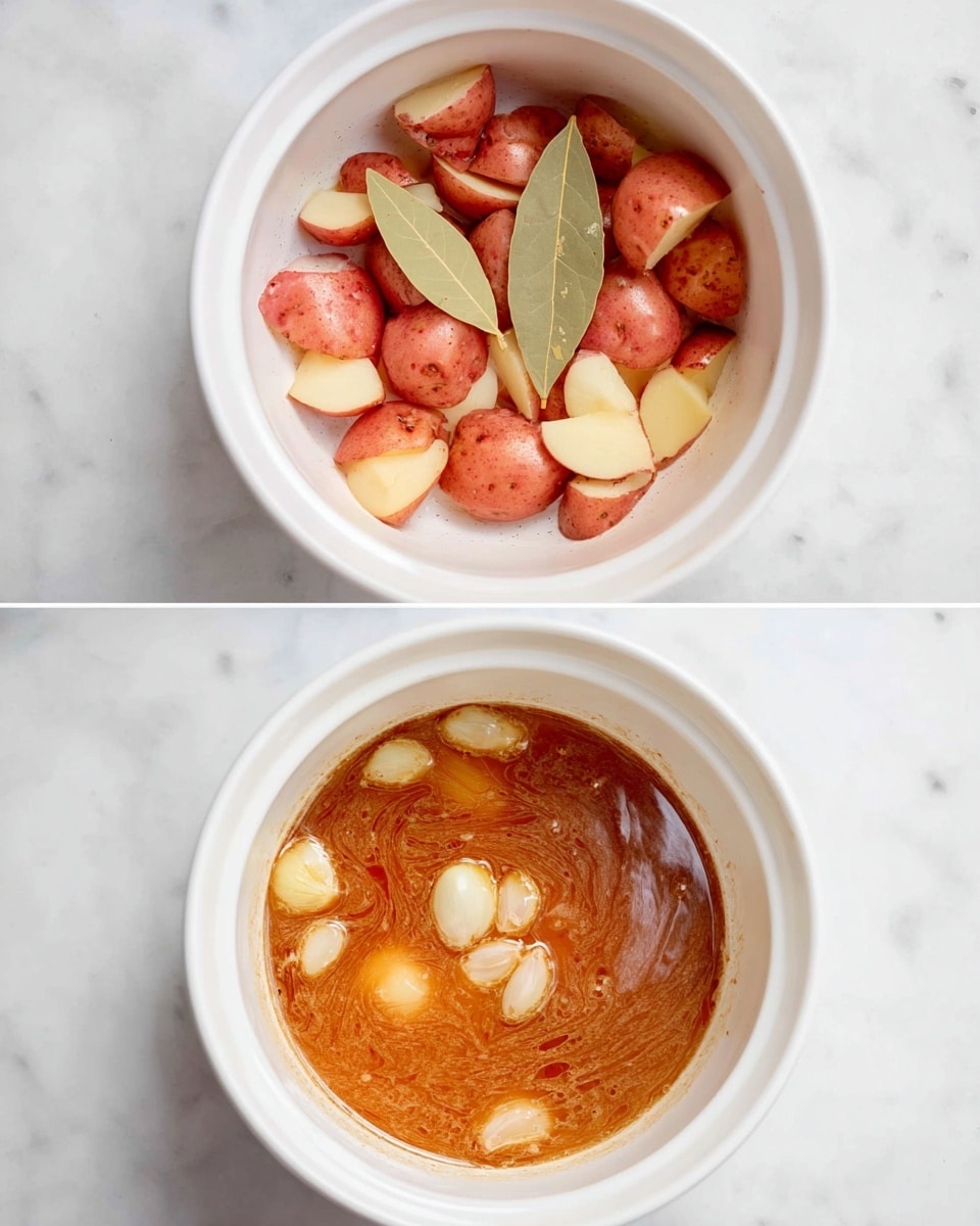 The first image shows a white bowl filled at the bottom with chunks of red-skinned potatoes, small whole cloves of garlic scattered among them, and two whole bay leaves laid on top, all placed on a white marbled surface. The second image shows the same white bowl now filled with a reddish-brown liquid with a swirled texture, some small blobs of white fat, and the bay leaves still floating on the surface, all on the same white marbled background. photo taken with an iphone --ar 4:5 --v 7