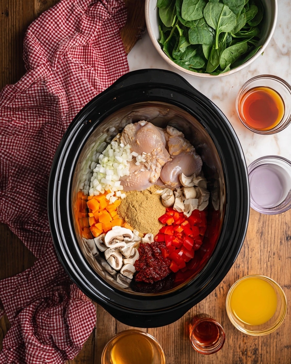 Inside a black slow cooker, there are two raw chicken pieces at the back. Around the chicken, from left to right, are finely chopped white onions, minced light yellow garlic, minced pale yellow ginger, small bright orange-red diced bell peppers, and thinly sliced white and brown mushrooms. In the center, there is a dollop of creamy light brown peanut butter, a pile of beige powder, and a spoonful of dark red paste. The slow cooker sits on a wooden table surrounded by a white bowl of fresh bright green spinach leaves at the top right, a glass of light purple sauce to its right, a clear measuring cup filled with bright yellow liquid at the bottom right, and three small glass cups with dark brown, amber, and red liquids positioned along the bottom left. A crumpled red and white checkered cloth is draped in the upper left corner of the image. The surface beneath is a white marbled texture. Photo taken with an iphone --ar 4:5 --v 7