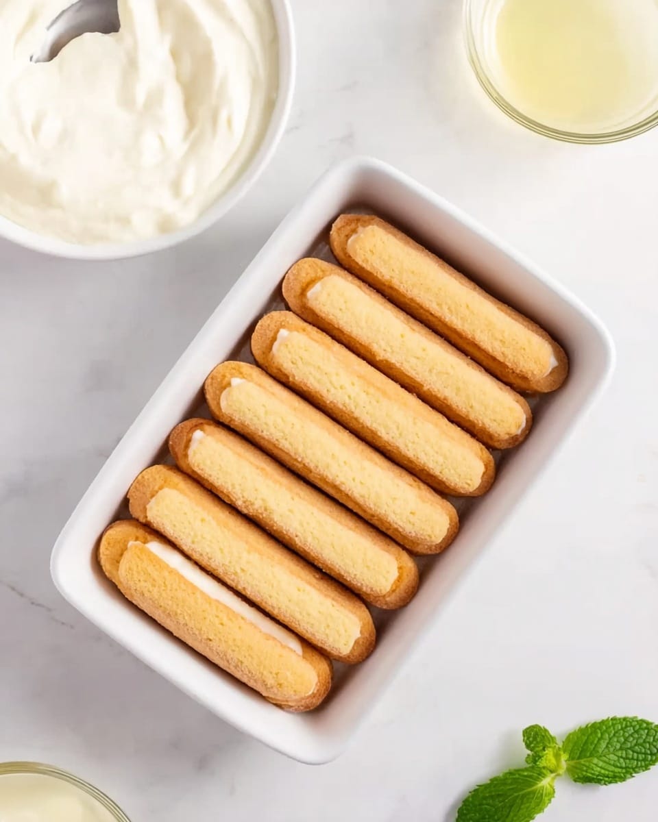 The image shows a white rectangular dish with two layers of ladyfinger biscuits arranged neatly inside; the first layer has five biscuits aligned horizontally at the bottom, and the second layer has four biscuits also placed horizontally above the first layer. The ladyfingers are light golden brown with a soft texture. Around the dish, there is a white bowl filled with thick white cream on the top left and a glass bowl with a light yellow liquid on the top right. A small green mint leaf is placed on the white marbled surface near the bottom right corner of the dish. photo taken with an iphone --ar 4:5 --v 7