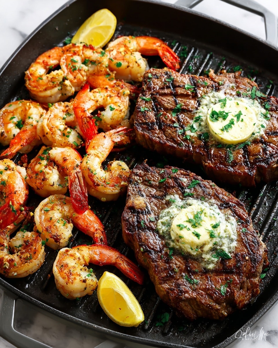 A white plate holds a simple meal with three parts: on the left side, there is a row of bright green grilled asparagus spears with slightly charred tips and a shiny texture; in the middle, there is a pile of cooked shrimp with a pink color, light char marks, and some herbs sprinkled on top; on the right side, a grilled steak with a rich brown color and visible grill marks sits, topped with small bits of green herbs. The plate rests on a white marbled surface. Photo taken with an iphone --ar 4:5 --v 7