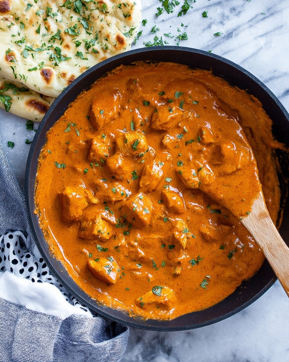 The image shows a black pan filled with a thick creamy orange sauce with chunks of cooked chicken evenly mixed in. The sauce has a smooth texture with small green herbs sprinkled on top. A wooden spoon with some sauce on it rests inside the pan on the right side. Part of two pieces of white, soft naan bread with green herbs on top are visible resting on the upper left edge of the pan. The background is a white marbled surface with some scattered small green herbs. A white cloth with black dots and a blue-grey cloth sit beneath the pan, visible on the lower side of the image. photo taken with an iphone --ar 4:5 --v 7