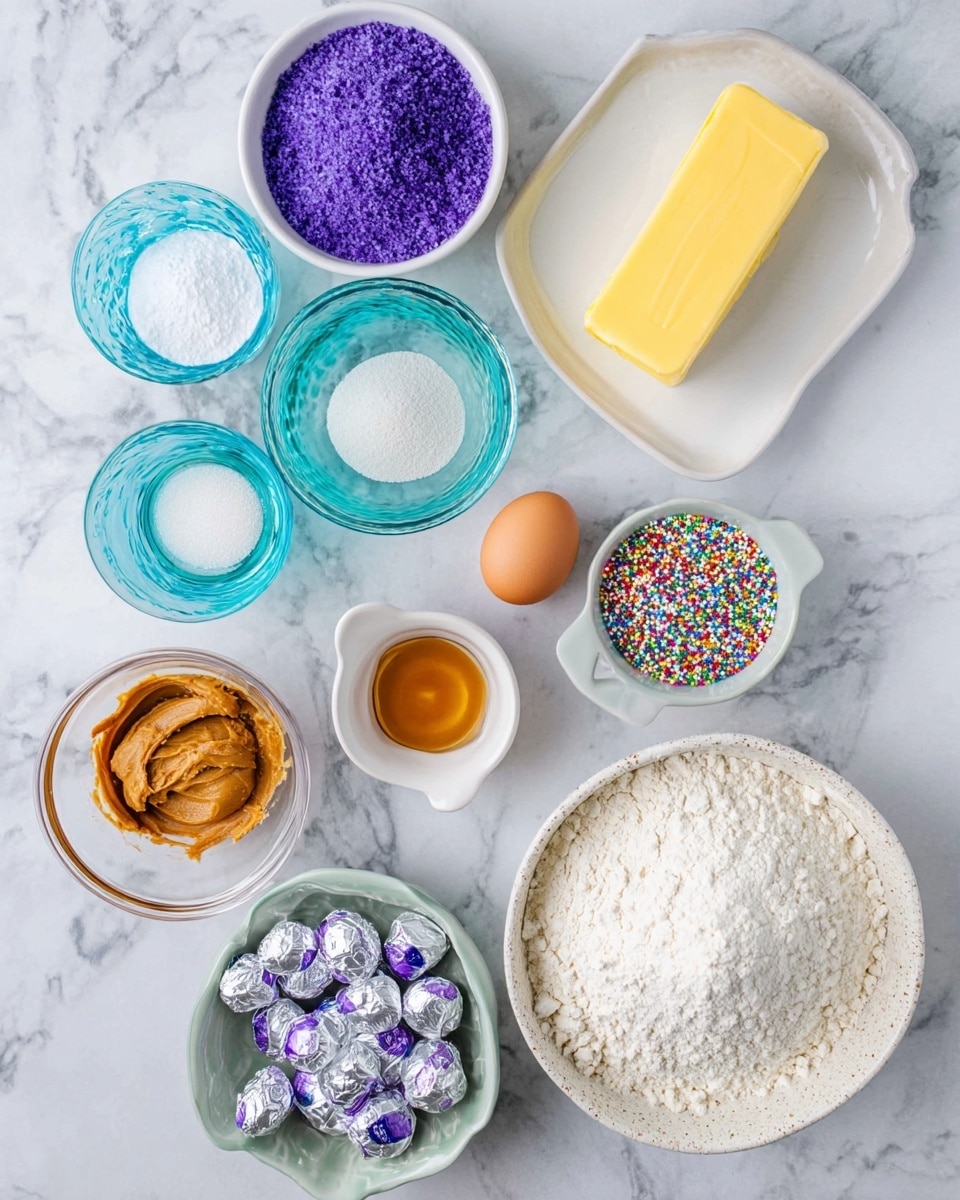 The image shows different baking ingredients arranged on a white marbled surface. On the top right is a white plate holding a stick of yellow butter. Around the plate are several small blue and turquoise glass bowls with white and light-colored powders inside, some of which are baking soda and baking powder. There is a white bowl filled with purple sugar crystals and a small white bowl with colorful round sprinkles next to it. Near the center are a whole egg and a small white bowl of light brown vanilla extract. On the left side, there is a glass bowl with brown peanut butter and a cluster of silver-wrapped candies. At the bottom, a large white speckled bowl holds white flour. All items are placed neatly and clearly visible. Photo taken with an iphone --ar 4:5 --v 7