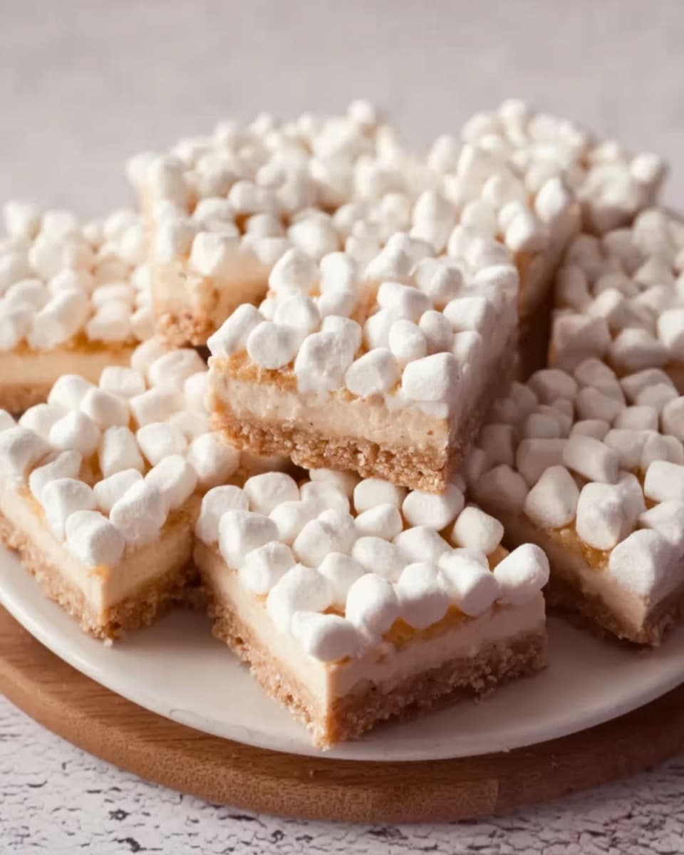 The image shows a white plate filled with several square dessert bars. Each bar has three visible layers: the bottom layer is a light brown crust, the middle layer is a pale cream filling, and the top layer is covered with small white mini marshmallows tightly packed together. The plate is placed on a white marbled textured surface, and the overall look highlights the soft, fluffy marshmallow topping on the neat, even squares of the dessert. photo taken with an iphone --ar 4:5 --v 7