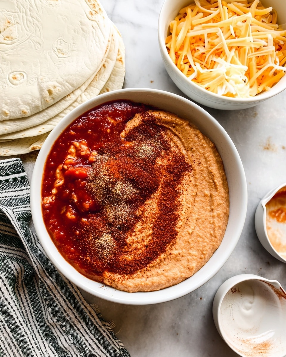 A white bowl filled with a smooth layer of refried beans, topped with a dark red layer of salsa on one side and a dusting of reddish-brown and black spices layered in the center. To the upper right, a white bowl containing a mix of shredded yellow and white cheese is partially visible. To the left, a stack of round, flat tortillas lies flat on a white marbled surface with a striped cloth napkin nearby. Two small white bowls, one with some sauce residue inside, are positioned on the right side of the image. Photo taken with an iphone --ar 4:5 --v 7