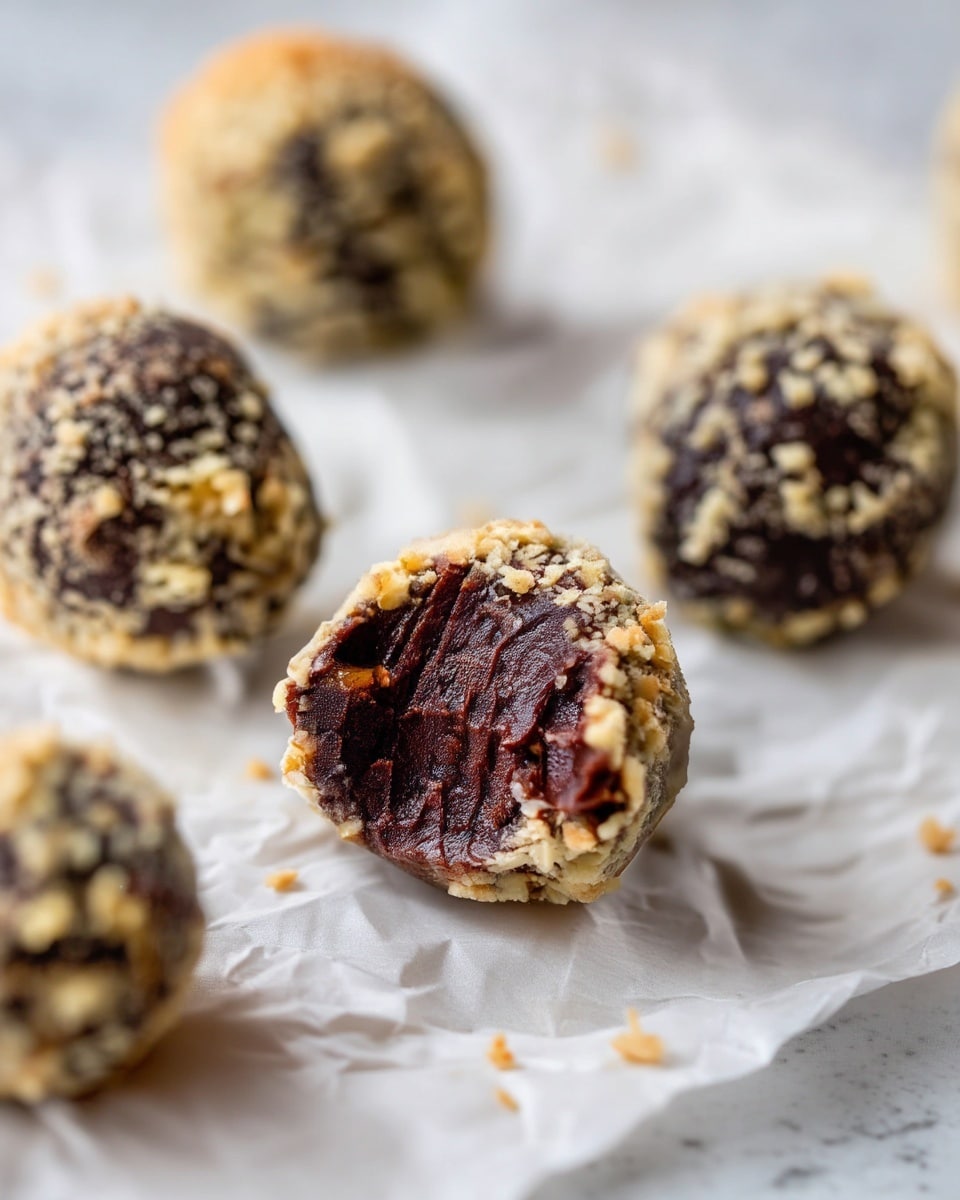 The image shows several round chocolate balls with a crumbly light tan coating on the outside. One ball in the center is bitten, revealing a thick, dark brown, smooth chocolate interior with a moist texture and slight ridges from biting. The balls are placed on crinkled white parchment paper, and the background has a soft white marbled texture, giving a clean and simple look. Photo taken with an iphone --ar 4:5 --v 7