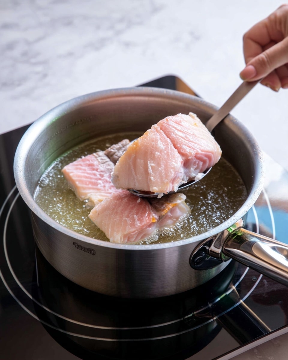 A stainless steel pot filled with clear water on a black electric stove shows two light pink cooked fish fillets being lifted with a slotted spoon held by a woman's hand; the fish has soft flaky texture and the pot is partially filled with shimmering liquid. The background surface is a white marbled texture. photo taken with an iphone --ar 4:5 --v 7