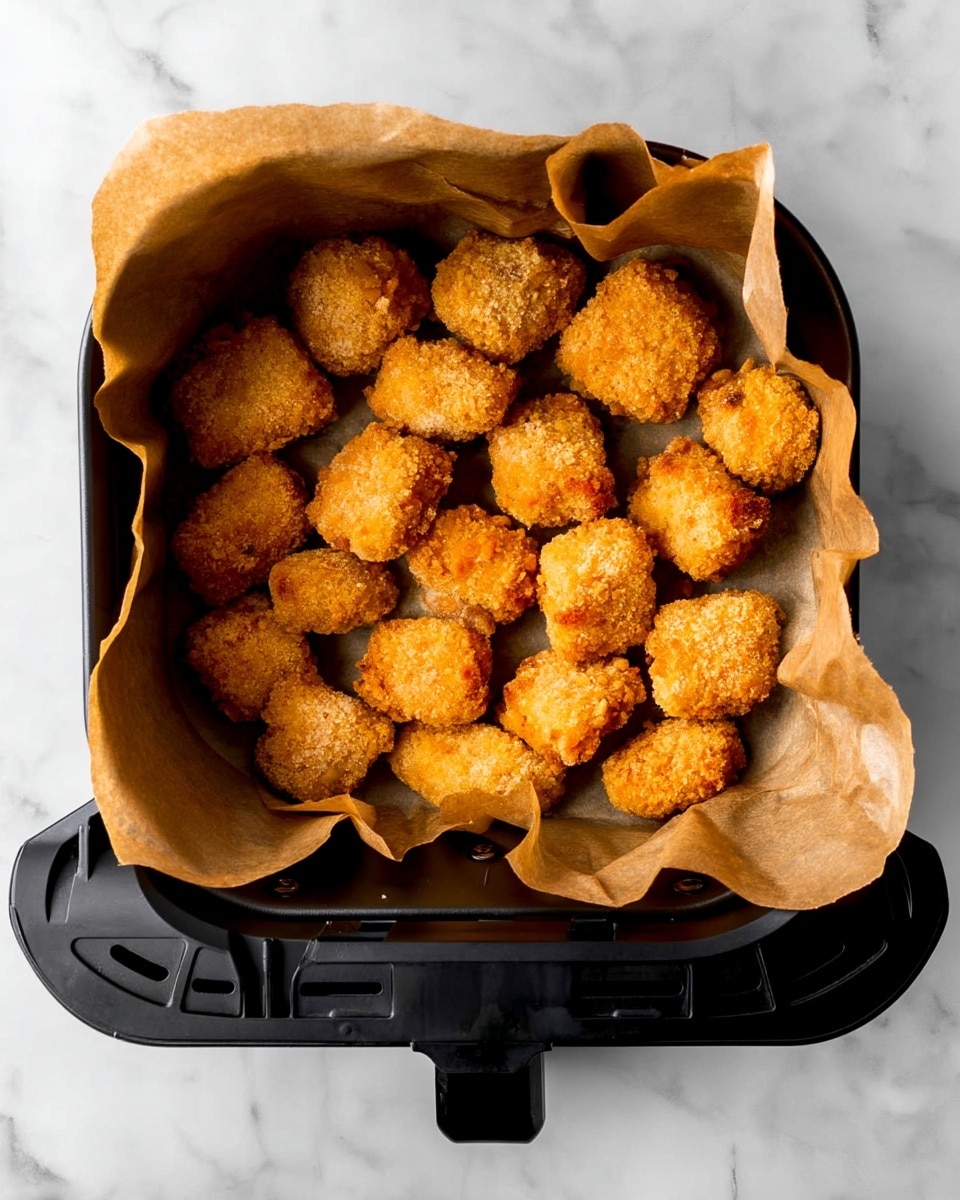Inside a black air fryer basket lined with brown parchment paper, there are about twenty small, golden-brown breaded pieces arranged in a single layer. Each piece has a rough, crispy texture with uneven edges, giving a crunchy look. The basket sits on a white marbled surface that contrasts softly with the warm tones of the breaded pieces, and the air fryer handle and outer edges frame the scene from the bottom and sides. photo taken with an iphone --ar 4:5 --v 7