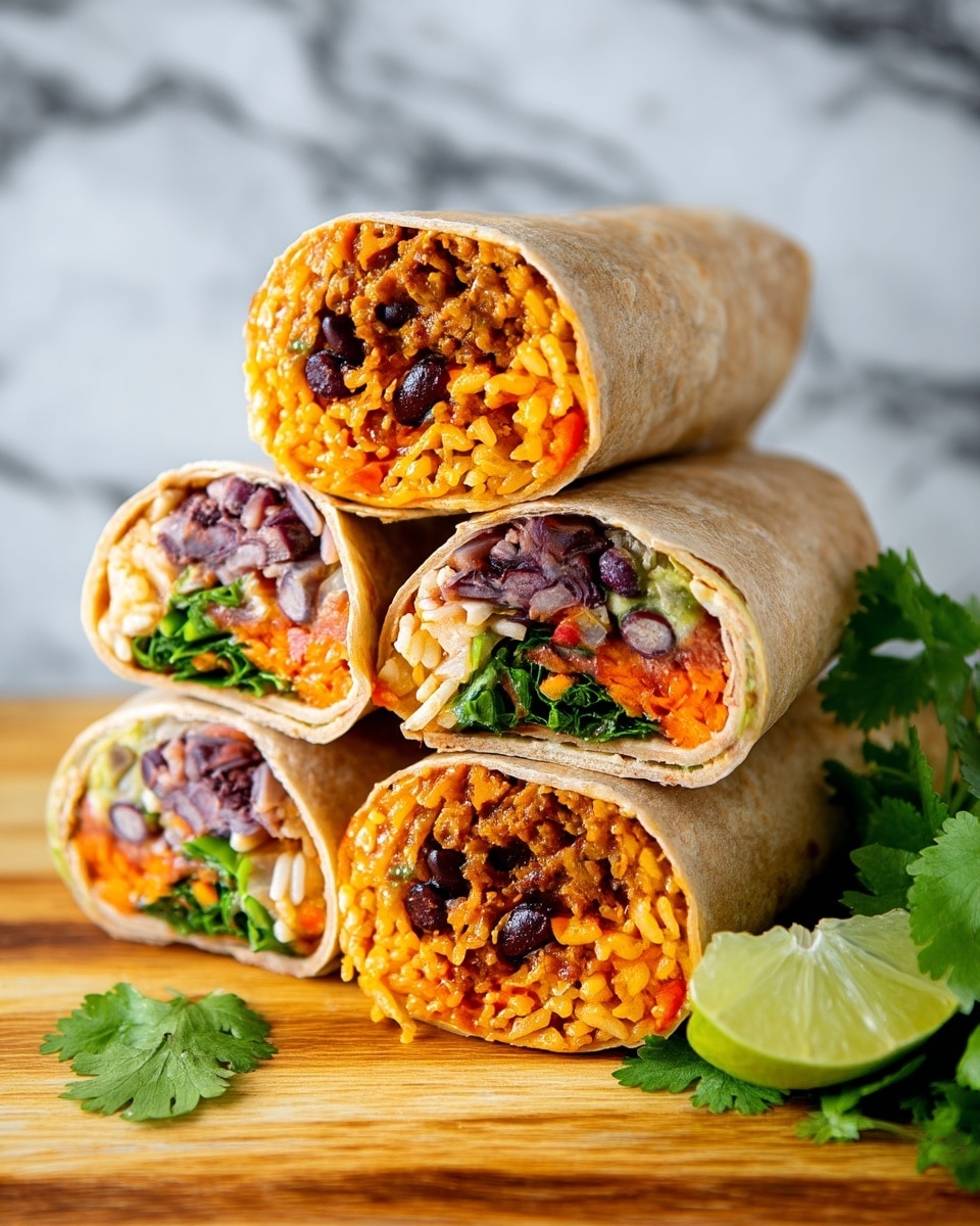 A white tortilla laid flat holds four main layers side by side: on the left, black beans with a slightly shiny texture, next to it a smooth, green layer of guacamole, followed by a fluffy light brown rice layer mixed with small bits of red seasoning, and on the far right, bright orange shredded carrots topped with a chunky red salsa sprinkled lightly with green herbs. The tortilla rests on a white plate which is on a light wooden board, with a soft gray cloth and two white bowls containing rice and black beans blurred in the background, all on a white marbled surface. Photo taken with an iphone --ar 4:5 --v 7