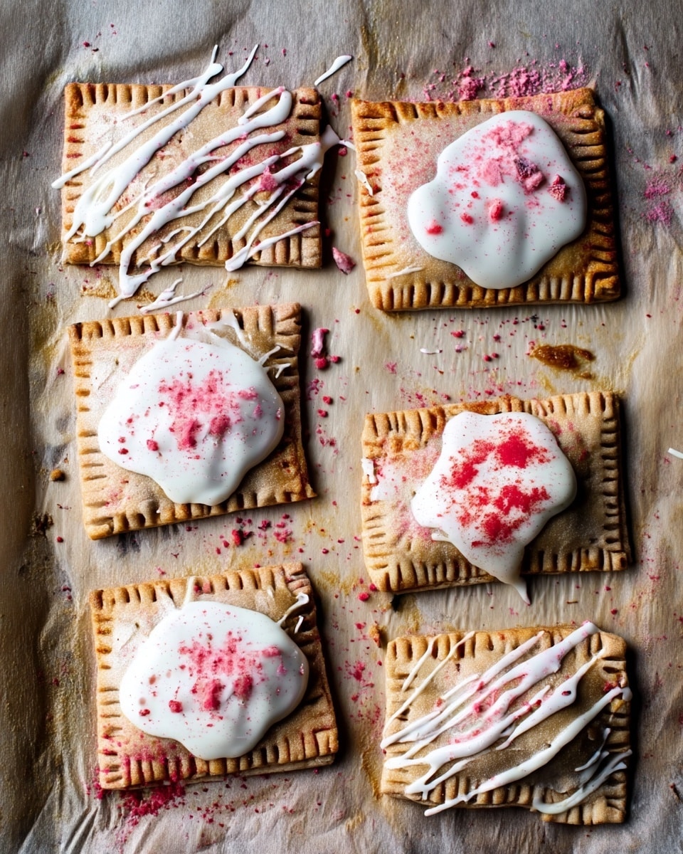 The image shows eight square pastries arranged in two vertical columns on a baking paper with a light brown texture. Each pastry has a golden-brown crust with crimped edges, giving them a slightly raised border. Some pastries are topped with smooth white icing that spreads unevenly across the surface, while others have thin white icing drizzled in diagonal lines. On top of the icing, there is a dusting of crushed pink powder, creating a pop of color that contrasts with the white and golden shades. Small crumbs and bits of the pink topping are scattered around the pastries on the paper, adding texture and an informal look. photo taken with an iphone --ar 4:5 --v 7