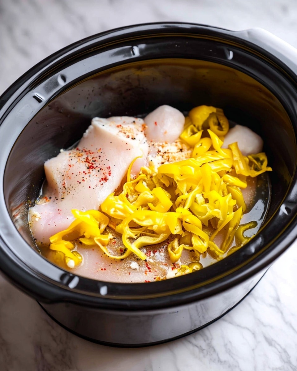 Inside a black slow cooker, there are two layers: the bottom layer is raw white chicken pieces with a smooth, slightly wet texture, seasoned with small sprinkles of black and red spices. On top of the chicken, there is a second layer of bright yellow sliced peppers that look fresh and shiny. The slow cooker sits on a white marbled surface photo taken with an iphone --ar 4:5 --v 7