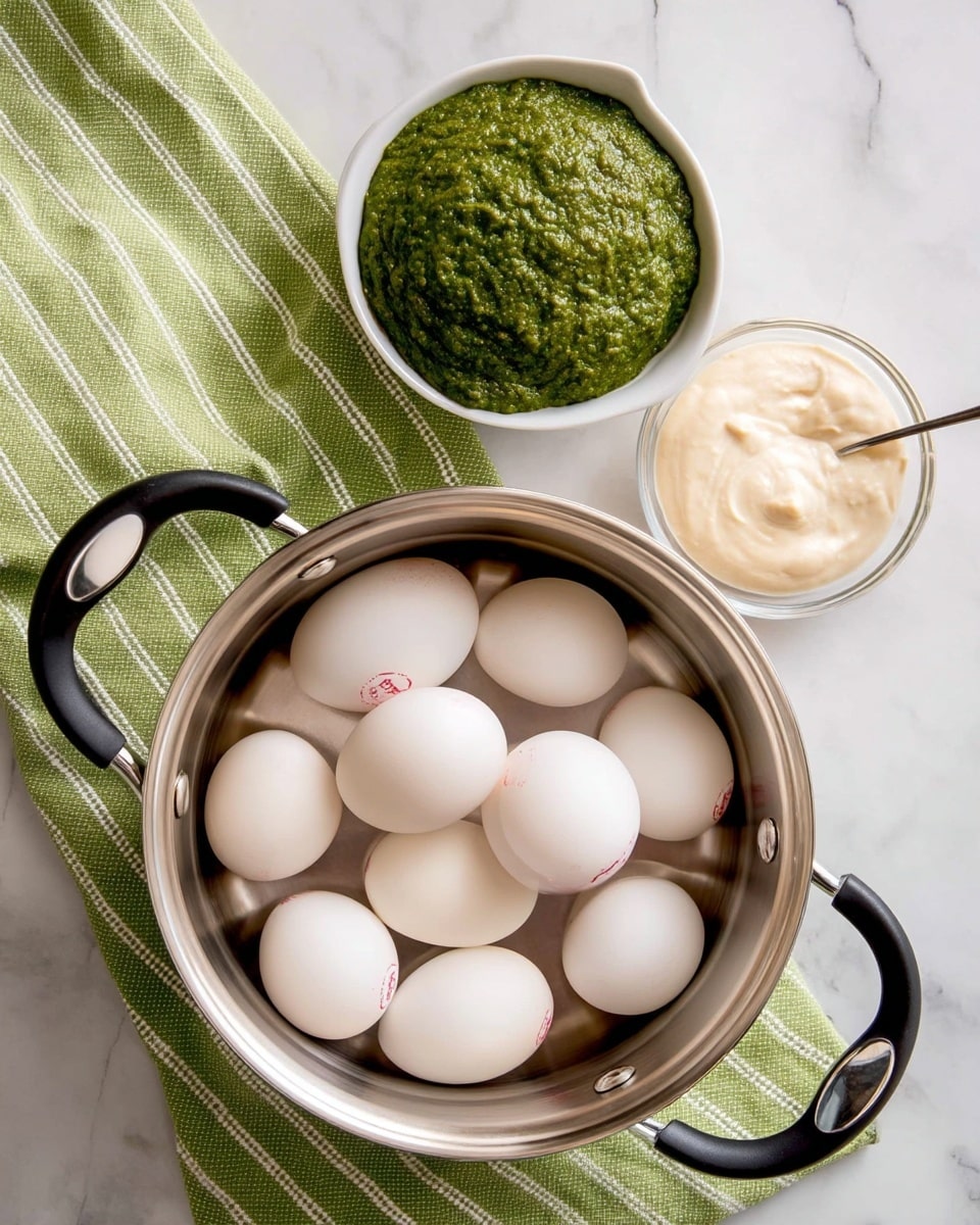 A shiny silver pot with black handles is filled with twelve whole white eggs, each with a small red stamp on the shell, arranged close to each other. Above the pot, there is a small white bowl filled with a thick green paste that looks textured, and next to it is a clear measuring spoon holding a creamy, light beige sauce with a smooth surface. The pot sits on a green cloth with white stripes, and everything is placed on a white marbled surface. photo taken with an iphone --ar 4:5 --v 7