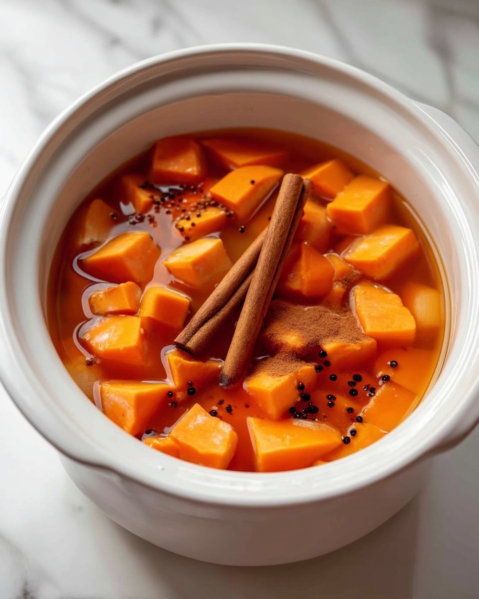 The image shows a close-up of a dish filled with small, orange pieces that look smooth and soft, floating in a thick orange liquid. There are two whole cinnamon sticks placed on top, along with some black specks sprinkled around them. The dish is in a white bowl placed on a white marbled surface. The color contrast between the bright orange pieces and the dark cinnamon sticks makes the dish look warm and flavorful. photo taken with an iphone --ar 4:5 --v 7