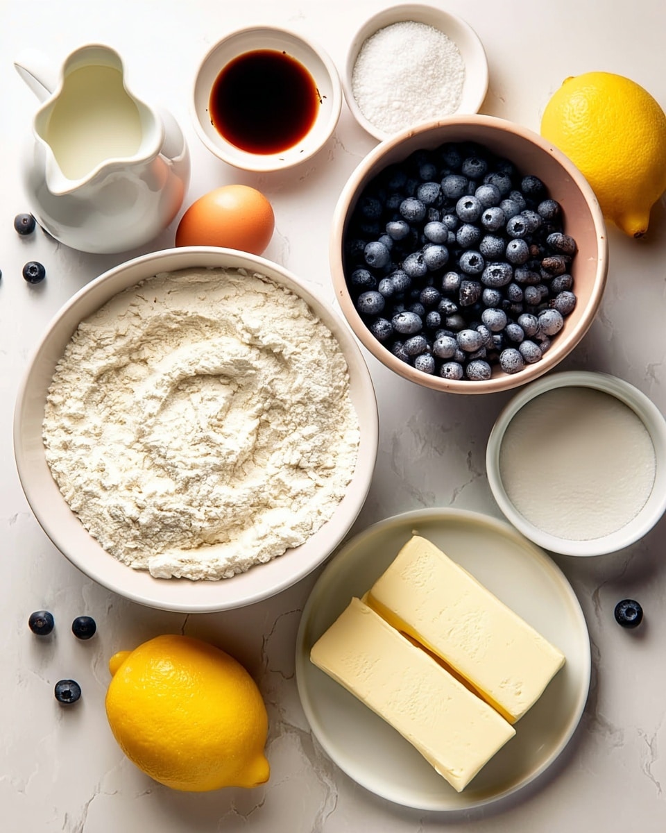 A top view of several white bowls and dishes with ingredients set on a white marbled surface. The largest white bowl at the bottom center is filled with white flour with a small swirl texture on top. To its right is a small white bowl with white granulated sugar, and below that is a white plate with two thick pale yellow butter sticks. Above the flour bowl to the right is a medium white bowl filled with fresh dark blue blueberries. Near the top right, there is a whole bright yellow lemon. Next to the lemon is a small white bowl with coarse white salt. On the left side, there is a small white bowl holding two brown eggs. Above the eggs is a small white pitcher with some white liquid, likely milk. Near the top center, a small white bowl contains a dark brown liquid, and to the top left is another small empty white bowl. There are a few loose blueberries scattered around the arrangement. photo taken with an iphone --ar 4:5 --v 7
