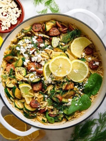 Easy One-Pan Mediterranean Chicken Sausage Zucchini Orzo Recipe