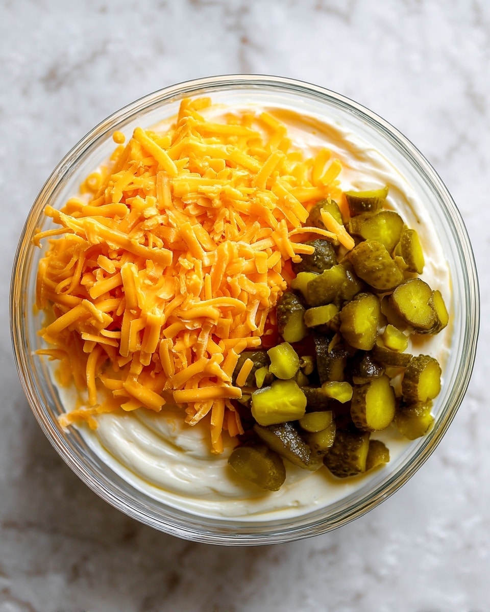 A clear glass bowl holds three layers of ingredients. The bottom layer is a thick, creamy white mixture with a slightly rough texture. On the right side, small chopped green pickles with a shiny surface sit on top of the creamy base. On the left side and covering most of the creamy mixture is a bright orange layer of grated cheese that is finely shredded and piled high. The bowl is placed on a white marbled surface. Photo taken with an iphone --ar 4:5 --v 7