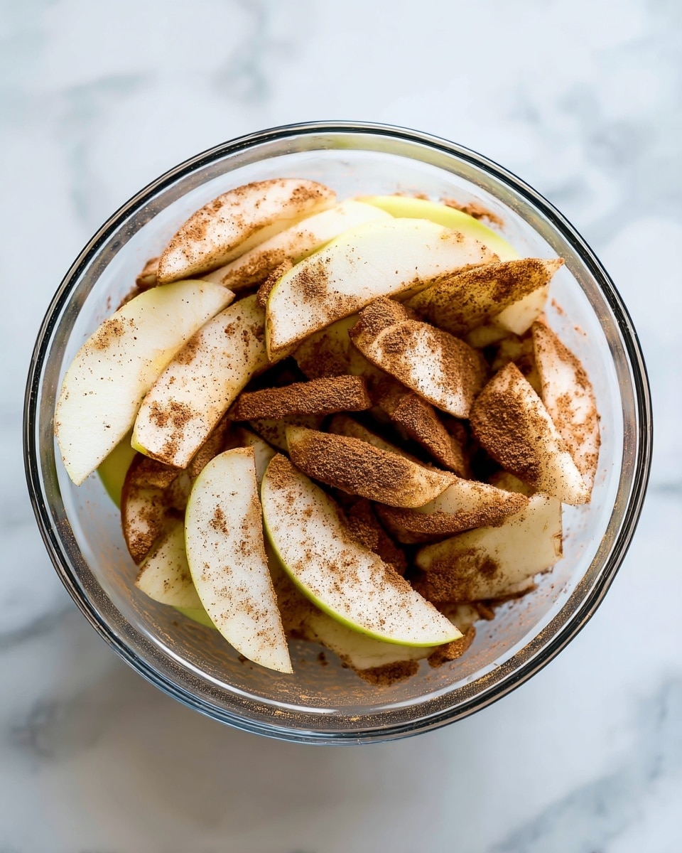 A clear glass bowl is filled with several layers of sliced apple pieces, each slice coated evenly with a brown cinnamon powder that gives a textured look, the apple layers appear whitish with a light browning from the cinnamon. The bowl is set on a white marbled surface. The apple slices are arranged loosely and naturally inside the bowl, creating a mix of light cream and brown colors throughout. photo taken with an iphone --ar 4:5 --v 7