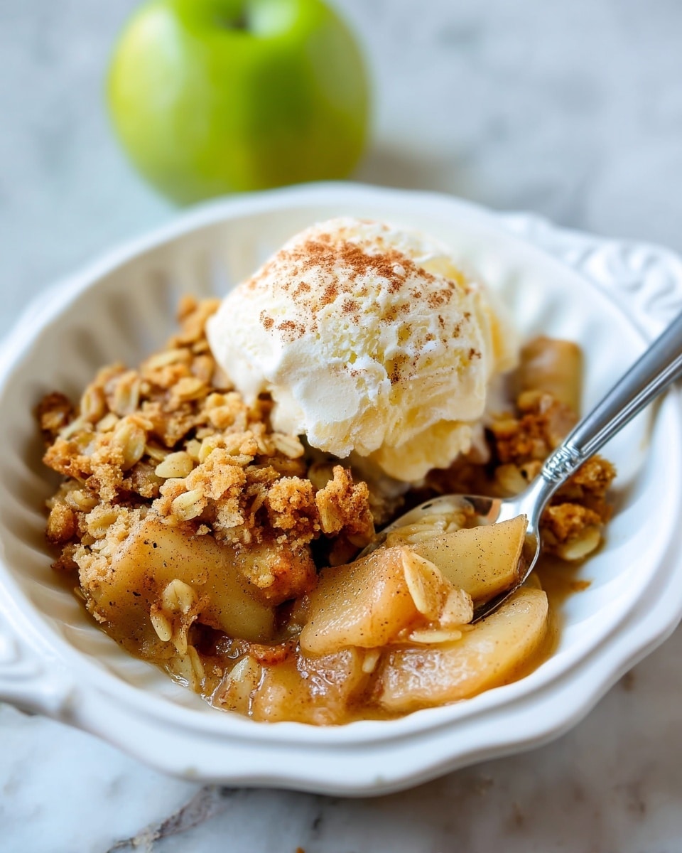 The dish shows a white scalloped-edge bowl filled with two main layers: the first layer at the base is warm cooked apple slices with a soft golden brown color mixed with a crumbly oat topping that looks crunchy and has light golden hues; the second layer is a scoop of smooth, creamy vanilla ice cream topped lightly with brown cinnamon powder, placed to one side of the bowl. A silver spoon rests inside the bowl, scooping up some of the apple and oat mixture, highlighting the texture contrast between soft and crunchy. The background has a white marbled surface, and a green apple is slightly blurred in the back. photo taken with an iphone --ar 4:5 --v 7