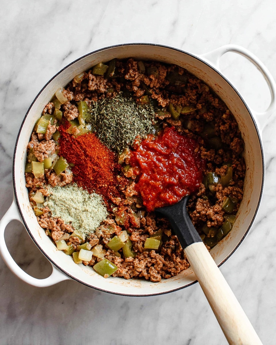 A white pot filled with browned ground meat mixed with diced green peppers and onions, showing a rough texture and a mix of light brown and green colors. On top, there is a pile of red spices, some green herbs, a small dollop of thick red sauce, and a black spoon with a light wooden handle resting inside. The pot is placed on a white marbled surface. photo taken with an iphone --ar 4:5 --v 7