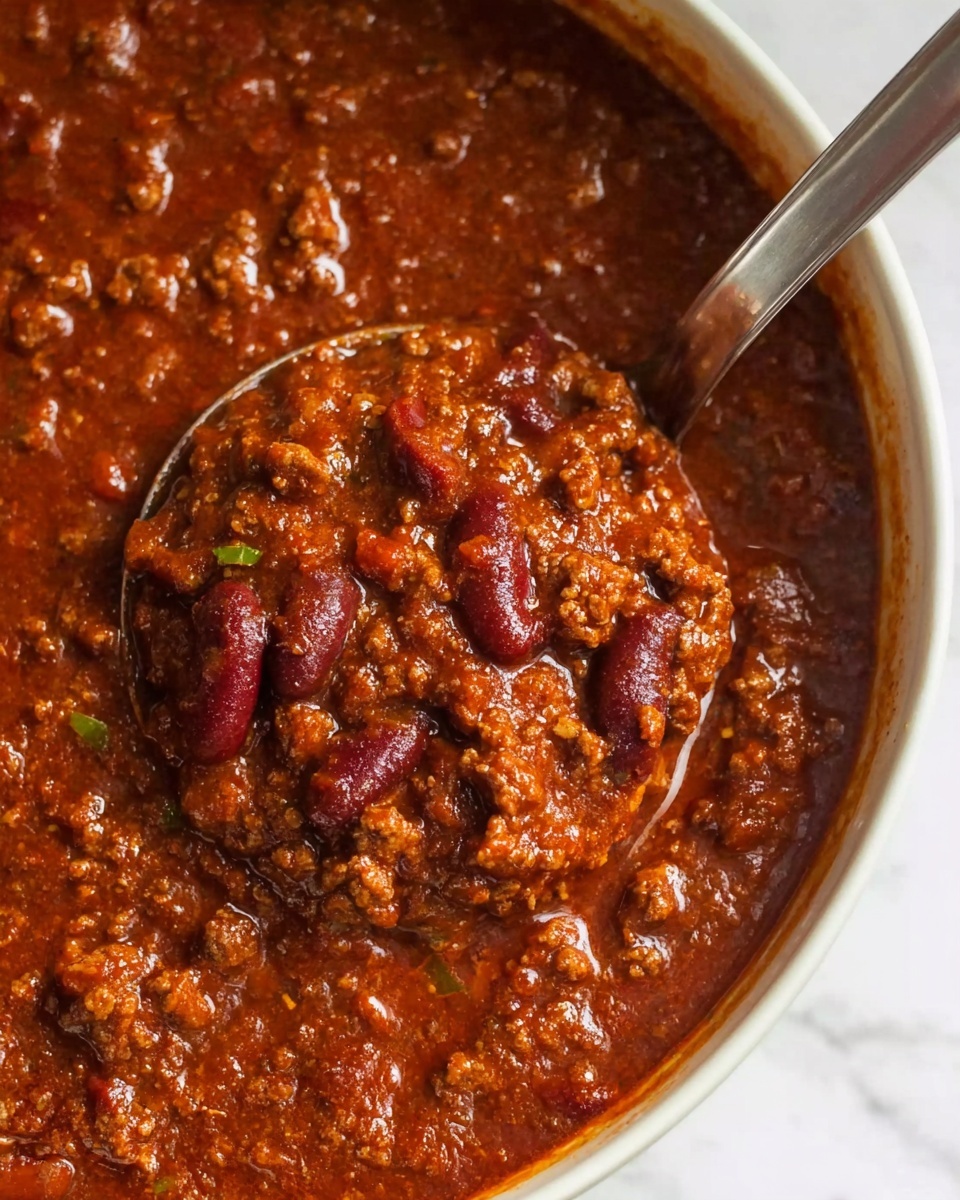 A close-up image of thick chili showing a rich, dark reddish-brown sauce with visible ground meat and red kidney beans mixed evenly throughout. The chili fills a white bowl with a metal ladle partially submerged, lifting some of the chunky chili that reveals the texture of meat and beans coated in the thick sauce. The background is a white marbled surface with no other items visible. The sauce looks hearty and dense, with small bits of green herbs scattered mildly. Photo taken with an iphone --ar 4:5 --v 7