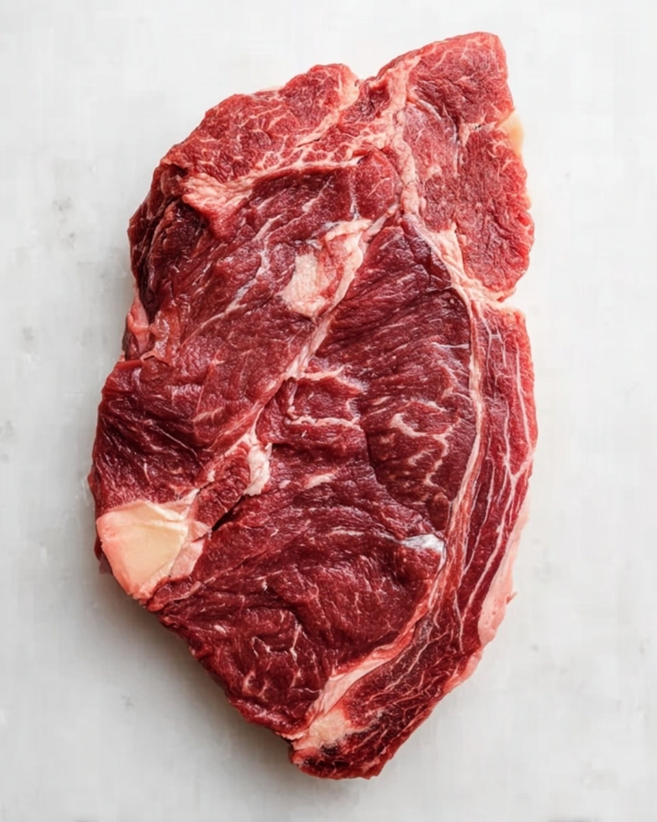 A large raw steak lies flat on a white marbled surface, showing rich red meat with white marbling spread evenly across the top layer. The steak’s shape is irregular with natural folds and edges, and some parts show veins of fat running through the meat. The texture is fresh and slightly shiny, highlighting the variation in color from deep red to lighter pink areas and creamy white fat patches. The white marbled surface contrasts softly with the red and pink tones of the raw steak, making the details on the meat very clear. photo taken with an iphone --ar 4:5 --v 7