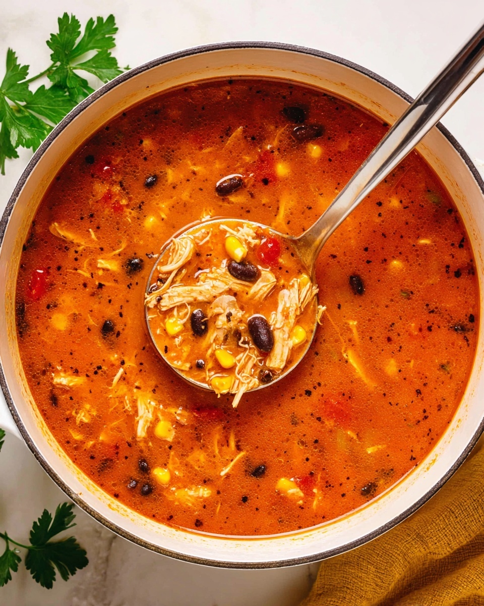 A white pot filled with a rich, thick orange-red soup that has visible shredded light beige chicken pieces, black beans, bright yellow corn kernels, and small red tomato chunks mixed throughout. The soup has a smooth and slightly creamy texture with specks of black pepper floating on the surface. A shiny silver ladle is resting inside the pot, scooping up the soup with a mixture of all the ingredients, highlighting the colors and textures. The pot is set on a white marbled surface with some green parsley leaves placed on the top left corner and a yellow cloth partially visible at the bottom right corner. Photo taken with an iphone --ar 4:5 --v 7