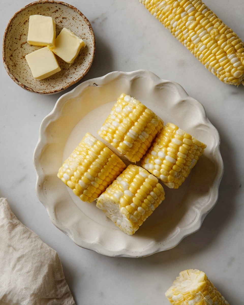 A white scalloped plate holds three pieces of yellow and white corn on the cob, each cut into short sections showing the kernels' shiny texture and the cob’s white core; the plate sits on a white marbled surface. Around the plate, there are two more corn pieces partly visible at the top right and bottom right of the image. Below the plate, there is a small rustic bowl holding two square slices of pale yellow butter. The whole scene has soft, natural light enhancing the corn's bright colors and the butter's smooth texture. Photo taken with an iphone --ar 4:5 --v 7