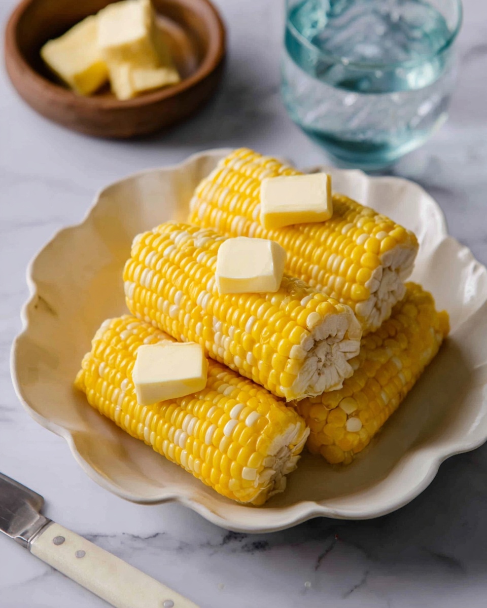 The image shows four pieces of yellow and white corn on the cob, placed close together on a white plate with scalloped edges. Each corn piece has a thick slice of pale yellow butter melting on top. The plate is set on a white marbled surface, and a knife with a pat of butter on it lies next to the corn. In the background, there is a white bowl and a blue cup, both out of focus. The lighting highlights the shiny texture of the butter and the kernels on the corn. photo taken with an iphone --ar 4:5 --v 7