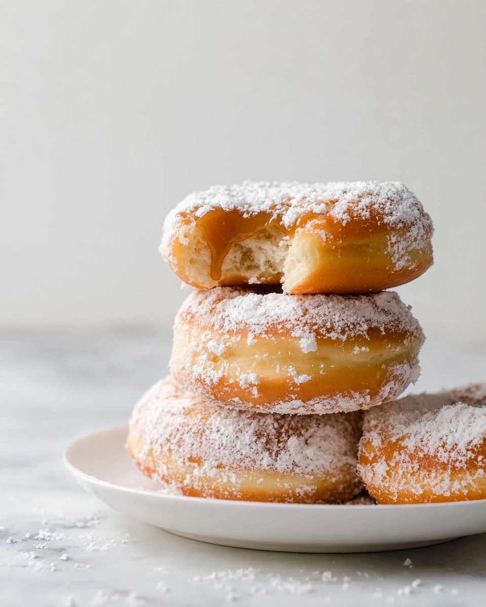 A stack of four round donuts is neatly placed on a white plate, set on a white marbled surface. Each donut is covered with a light layer of powdered sugar, giving them a soft, snowy texture. The donuts have a golden-brown color peeking through the sugar, and sticky caramel sauce oozes out from the middle of the top three donuts, adding a rich amber shine. The bottom donut shows a small bite revealing a fluffy, soft inside. The background is plain and light, keeping all focus on the donuts. Photo taken with an iphone --ar 4:5 --v 7