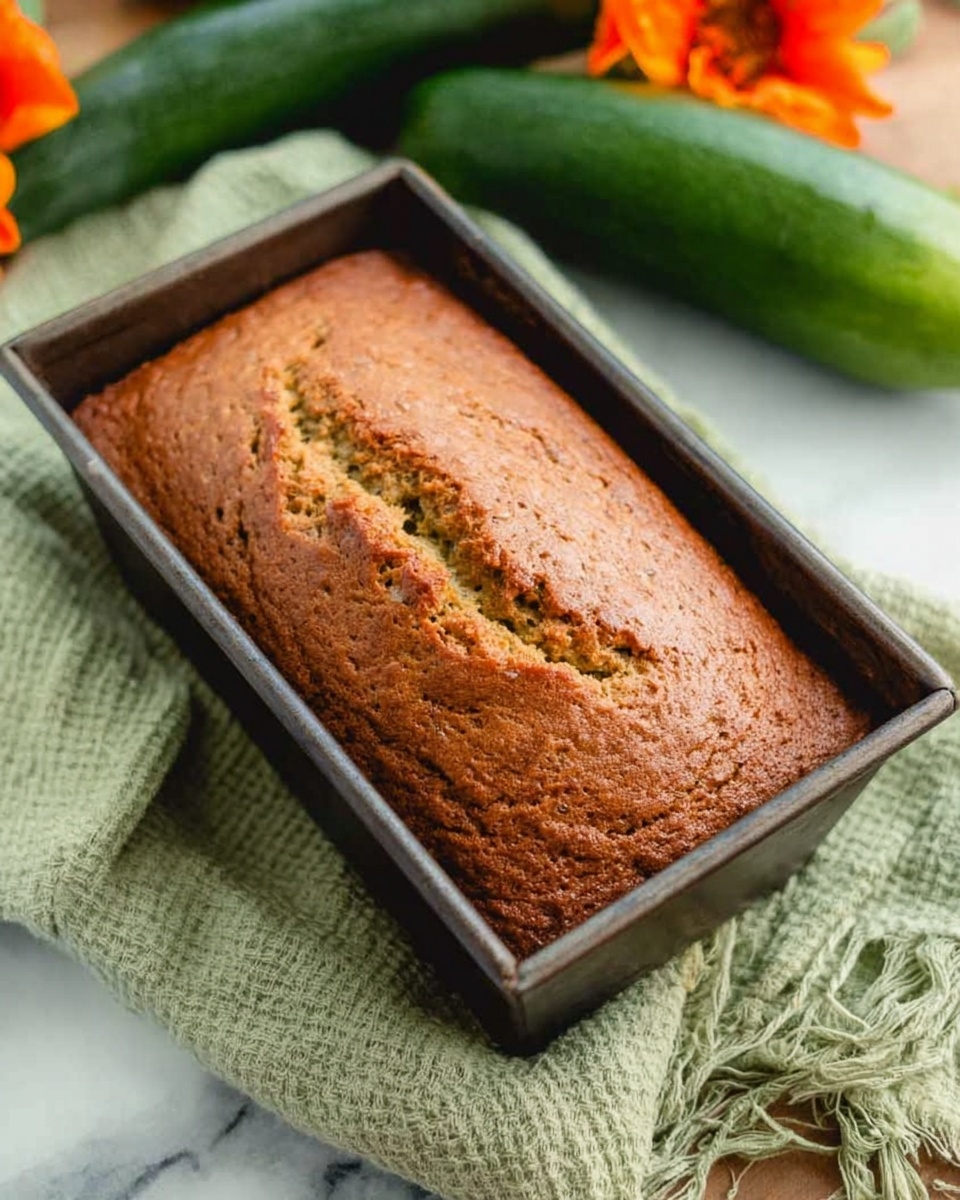 A freshly baked loaf with a golden-brown top and slight cracks, resting inside a dark metal rectangular baking pan. The loaf has a textured surface with small dimples, indicating a soft interior. The pan is placed on a light green woven cloth, and behind it lies a fresh green zucchini. Some orange flowers are softly blurred in the background. The whole scene is set on a white marbled surface. Photo taken with an iphone --ar 4:5 --v 7