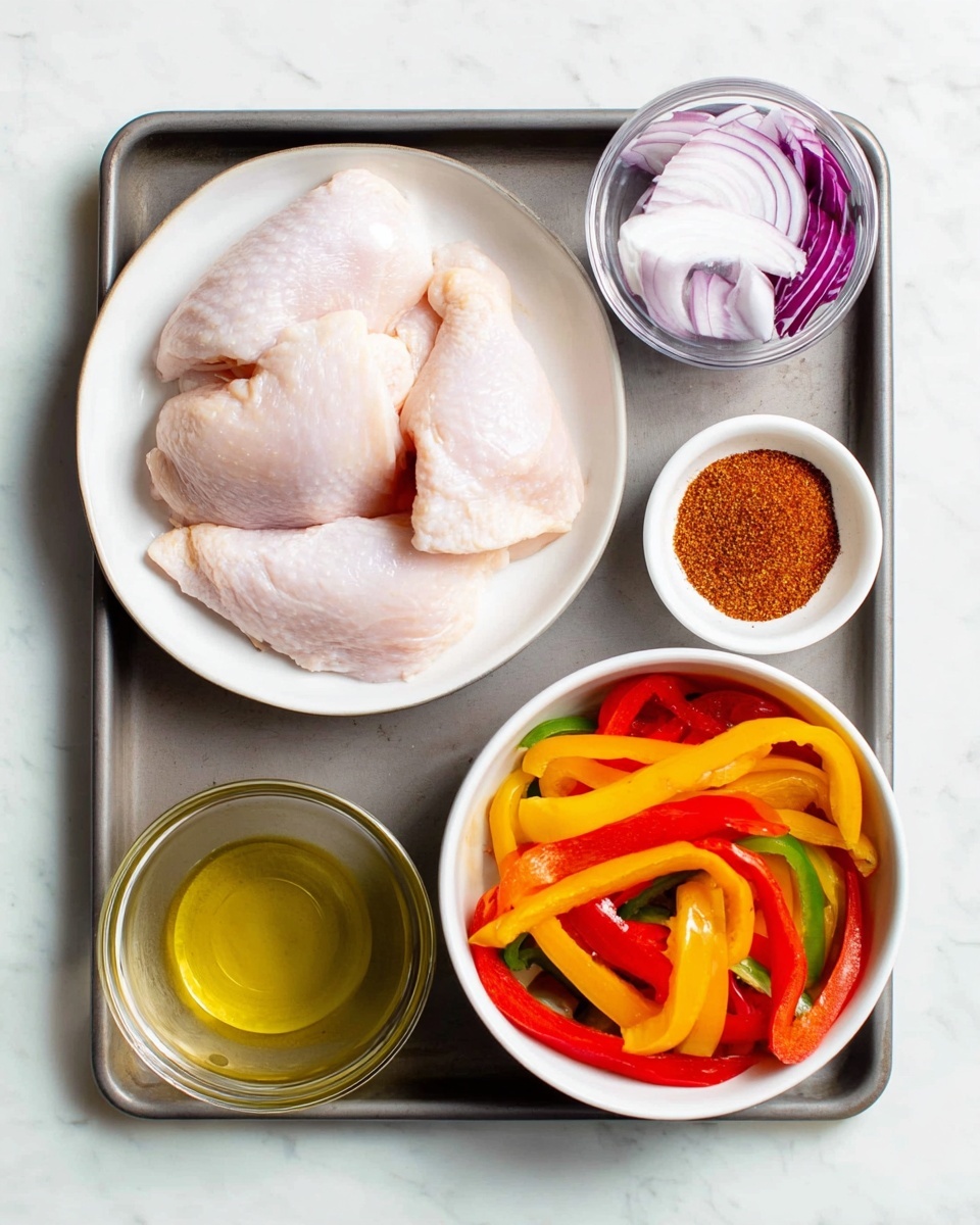 A white plate in the center holds four raw chicken pieces with a pale pink color and smooth texture. To the right of the plate, a small white bowl contains a reddish-brown spice mix with a coarse texture. Below it, another small white bowl holds a white powder. To the bottom right, a white bowl is filled with colorful sliced bell peppers in red, yellow, and green, layered loosely with a shiny texture. To the bottom left, a small white bowl contains golden yellow oil with a smooth surface. Above it, a small clear glass bowl has chunks of raw red onion with purple and white layers. All these items rest on a dark metal tray, which is placed on a white marbled surface. Photo taken with an iphone --ar 4:5 --v 7
