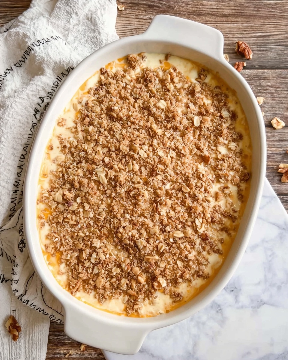 The image shows a white rectangular baking dish filled with a creamy casserole topped with a thick layer of golden brown oat crumble. The oat topping is evenly spread, with some parts slightly darker, giving a toasted look with a crumbly texture. The dish is placed on a white marbled surface with parts of a white cloth napkin with black stars visible at the sides. A small orange pumpkin is partly visible at the top left corner of the image, adding a seasonal touch. The casserole looks warm and inviting, with the creamy base just visible beneath the crunchy oat layer. photo taken with an iphone --ar 4:5 --v 7