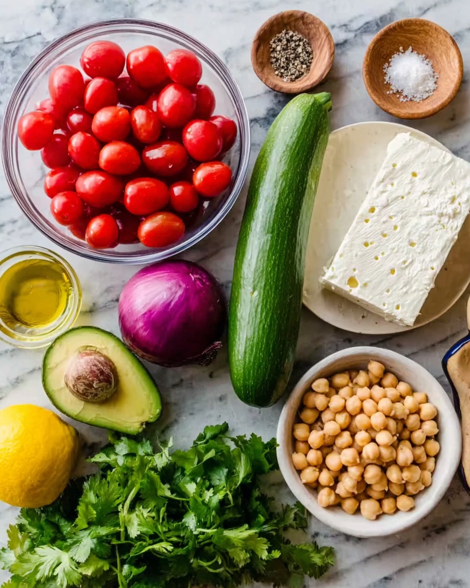 The image shows fresh ingredients arranged on a white marbled surface. There is a clear glass bowl filled with small red cherry tomatoes in the top left, next to a whole purple onion and a long green cucumber placed diagonally across the center. On the right side, there is a white plate holding a block of white cheese with small holes. A large white bowl at the bottom right is filled with small beige chickpeas. Nearby, fresh green cilantro leaves are spread out with a ripe dark green avocado at the bottom left. Also included are a yellow lemon, a small glass container of olive oil, and a small wooden bowl holding salt and pepper. A woman's hand is not present in this image. Photo taken with an iphone --ar 4:5 --v 7