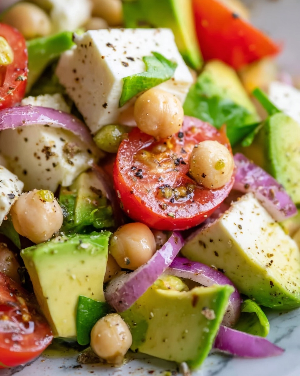 A close-up view of a colorful salad showing layers of green avocado pieces with smooth texture, white cubes of cheese, pale beige round chickpeas, and bright red cherry tomato halves with seeds visible. Thin slices of purple onion and scattered green leafy herbs add more color and texture. The ingredients are mixed closely together, sitting on a white marbled surface. The salad is sprinkled with black pepper flakes. Photo taken with an iphone --ar 4:5 --v 7