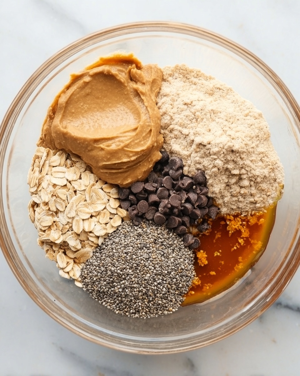 In a clear glass bowl on a white marbled surface, there are six main layers arranged side by side in a circular shape. Starting from the top left, there is a smooth, light brown peanut butter layer with a creamy texture. To the right of this, there is a beige powdery flour layer with a coarse texture. Below the flour, there is a small pile of light tan rolled oats that look dry and slightly rough. Next to the oats, there are small, dark brown chocolate chips clustered together. Below the peanut butter, there is a round heap of tiny gray seeds with a slightly shiny, smooth texture. At the bottom of the bowl, there is a glossy, amber-colored sticky honey layer with some orange zest pieces visible. The bowl is set on a clean white marbled surface. photo taken with an iphone --ar 4:5 --v 7